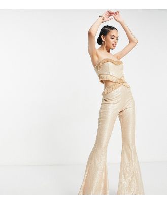 Collective the Label exclusive cut-out fringe sequin jumpsuit in champagne-Gold