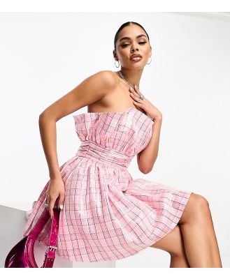 Collective the Label exclusive embellished bandeau mini dress in pink check sequin