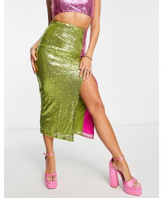 Collective the Label exclusive sequin midaxi skirt in pink and green colour block (part of a set)-Multi