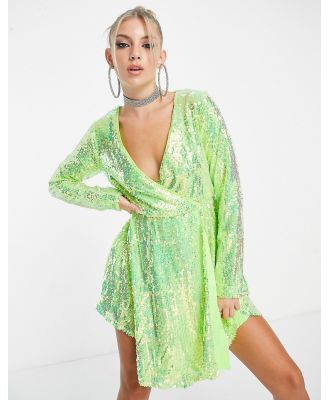 Collective the Label exclusive sequin wrap dress in iridescent lime-Green
