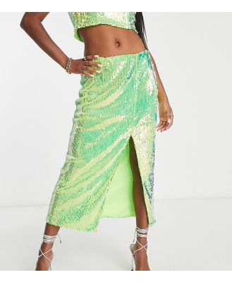 Collective the Label Petite exclusive sequin midaxi skirt in iridescent lime (part of a set)-Green
