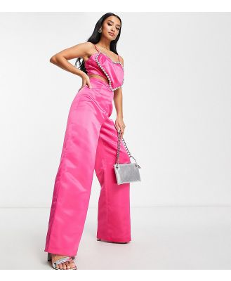 Collective the Label Petite exclusive valentines embellished heart wide leg jumpsuit in bright pink