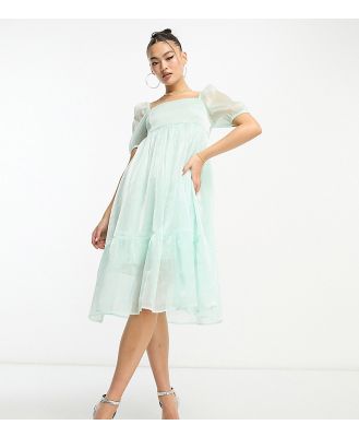 Collective the Label Petite puff sleeve midi dress in sage organza-Green