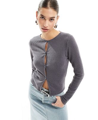 COLLUSION acid wash button trim long sleeve top in grey