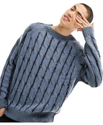 COLLUSION cable knit pleated crew neck knitted jumper in blue
