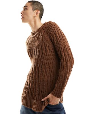 COLLUSION knitted laddered crew neck jumper in brown