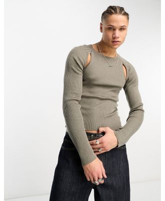 COLLUSION knitted rib cut out long sleeve top in grey