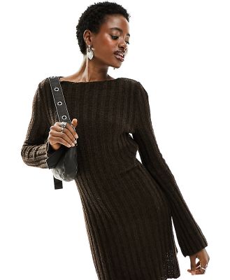 COLLUSION knitted texture slash neck mini dress in chocolate-Brown