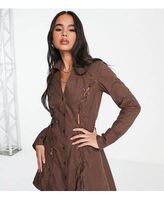COLLUSION long sleeve lace up shirt dress in brown