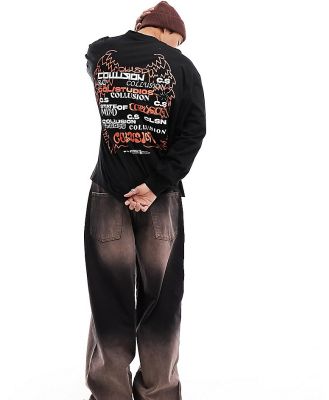 COLLUSION long sleeve printed t-shirt with wings and text graphic-Black