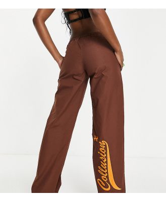 COLLUSION low rise straight leg parachute pants with embroidered branding in brown