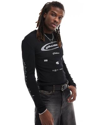 COLLUSION muscle fit long sleeve graphic top in black