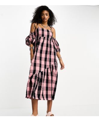 COLLUSION off the shoulder midi dress in pink check