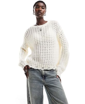 COLLUSION oversized open-stitch heavy jumper in ecru-White