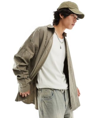 COLLUSION oversized shirt with raw detail in khaki-No colour