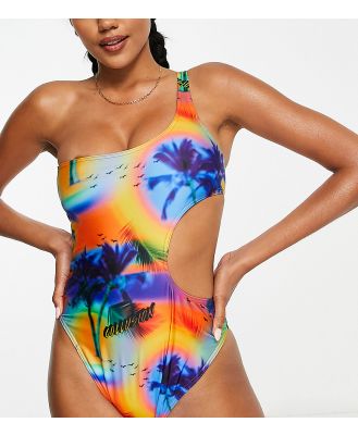 COLLUSION palm print cut out one shoulder swimsuit in multi - MULTI