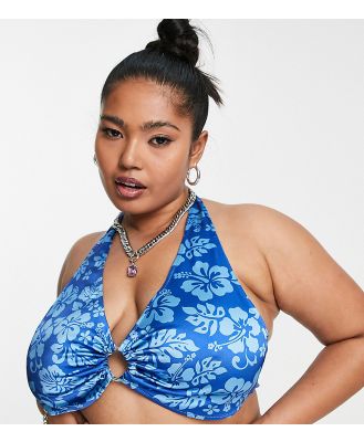 COLLUSION Plus Hawaiian print ring front halter top in blue (Part of a set)