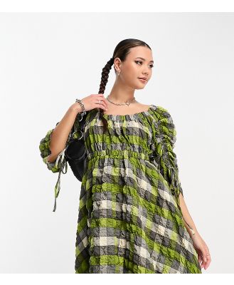 COLLUSION ruched sleeve mini dress in green check