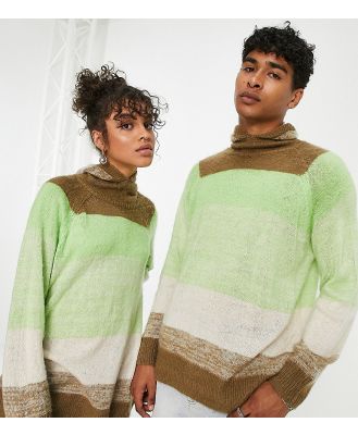 COLLUSION Unisex knitted oversized jumper with balaclava attached in neutral and lime stripe-Multi