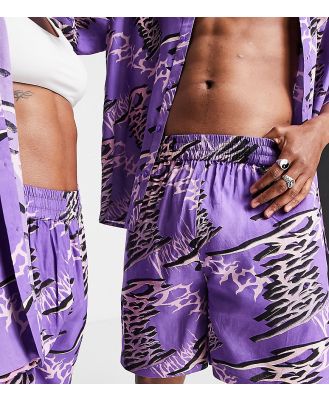 COLLUSION Unisex typo print shorts in purple (part of a set)