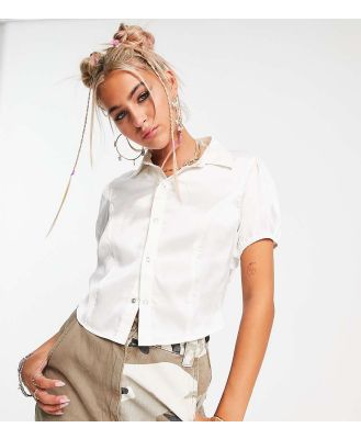 COLLUSION vintage cropped satin shirt with branding in ecru-White