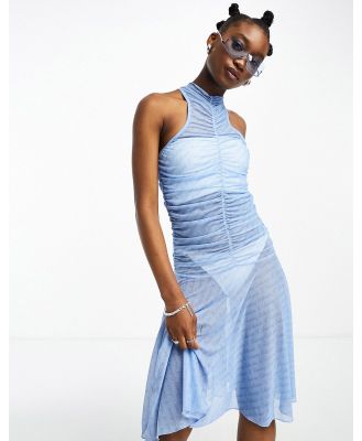 COLLUSION x TAMMY mesh pleated printed midi dress in blue