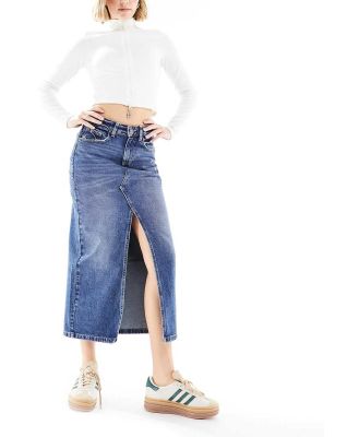 Cotton On 90s split front denim midi skirt in blue wash