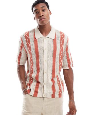 Cotton On knitted short sleeve shirt in natural stripe-Neutral