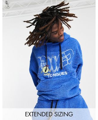 Crooked Tongues oversized hoodie in teddy borg with logo and character embroidery in blue (part of a set)