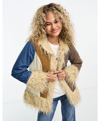 Daisy Street 70s style coat in mix suede and cord with shearling lining-Multi