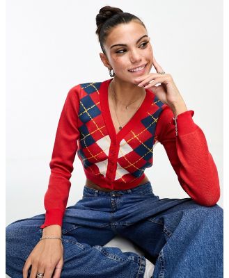 Daisy Street 90s fitted cardigan in red argyle knit