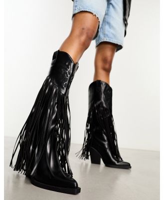 Daisy Street buttery applique fringed knee high western boots in black