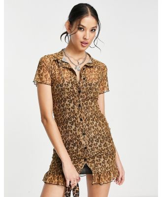 Daisy Street button front frill hem mini dress in leopard heart mesh-Multi