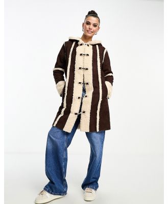 Daisy Street faux suede sherpa coat with hood and toggle fastening-Brown