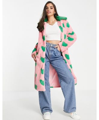 Daisy Street longline faux fur coat in contrast heart print-Pink