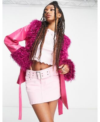 Daisy Street pink Y2K PU jacket with faux fur cuffs and collar