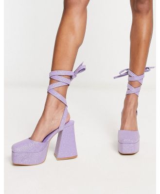 Daisy Street platform flared heeled shoes in lilac glitter-Purple