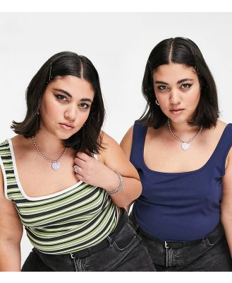 Daisy Street Plus 2 pack crop top in khaki stripe and navy-Black