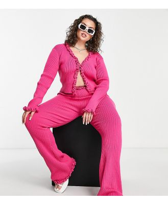 Daisy Street Plus high waisted relaxed pants with frill detail in hot pink knit (part of a set)