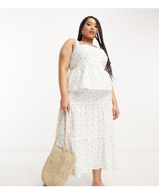Daisy Street Plus linen tiered midi skirt in white ditsy floral