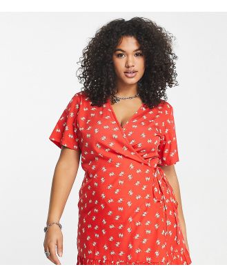 Daisy Street Plus wrap front short sleeve mini dress in red ditsy