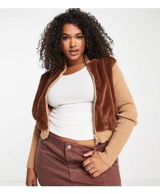 Daisy Street Plus y2k faux fur zip up jumper with rib knit sleeves in light brown