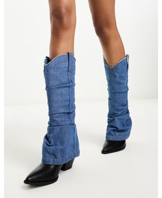 Daisy Street ruched western knee boots in black and denim-Blue