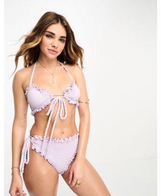 Daisy Street textured ruched halter bikini top in lilac with bow details-Purple