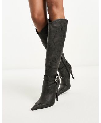 Daisy Street western stiletto knee boots with buckle in black