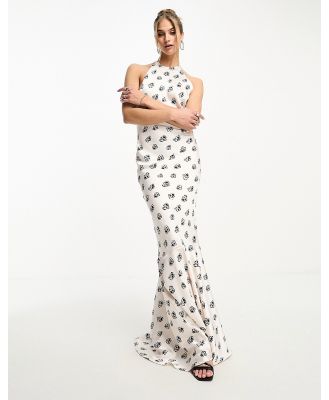 Day 6 satin high neck puddle maxi dress with low back in cream ditsy print-Multi
