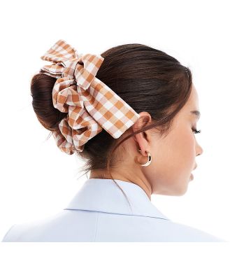 DesignB London gingham bow hair scrunchie in rust-Orange