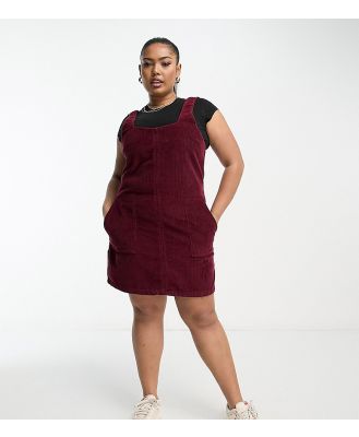 DTT Plus Dawn cord pinafore dress with zip back in burgundy-Red