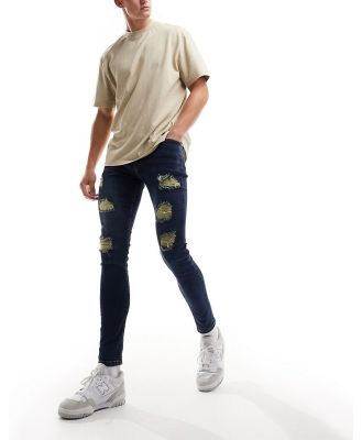 DTT stretch skinny fit extreme rip jeans in distressed dark blue-Navy