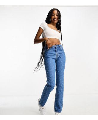 DTT Tall embroidered dot mom jeans in mid blue
